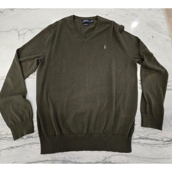 Polo Ralph Lauren Sweater Mens Large Olive Green V Neck Pima Cotton Pony Logo - Picture 1 of 7
